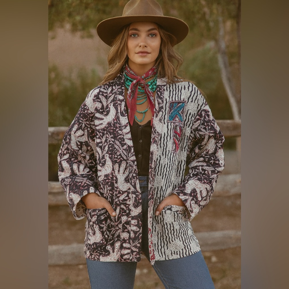 Handmade Reversible Quilted Cotton Open Front Boho Chic Jacket One Size
